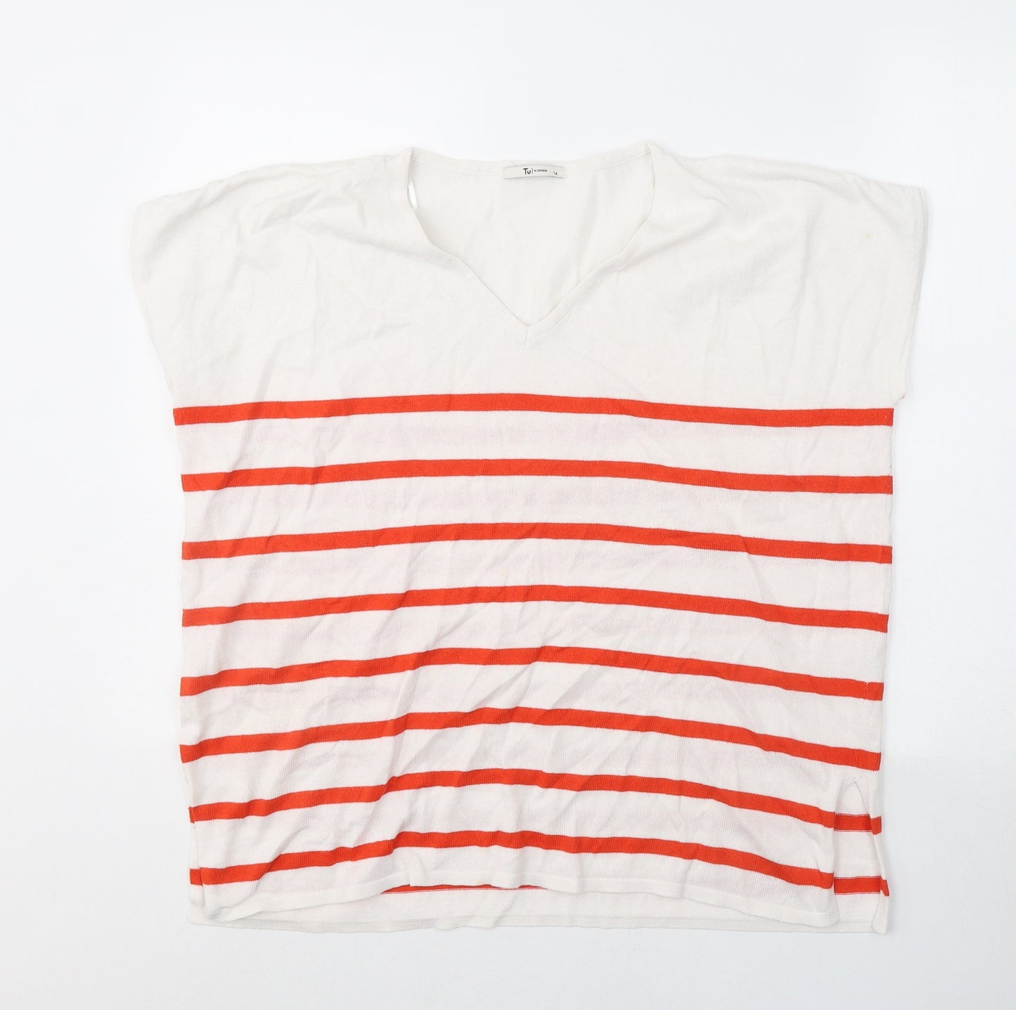 TU Womens White Striped Viscose Basic T-Shirt Size 14 V-Neck