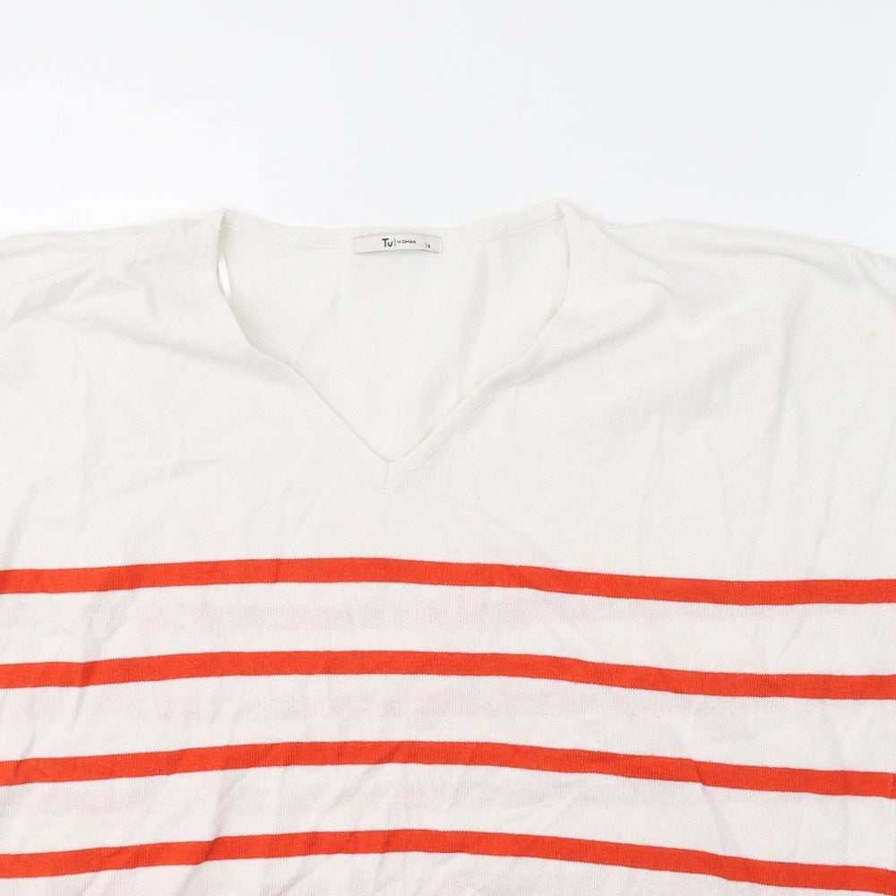 TU Womens White Striped Viscose Basic T-Shirt Size 14 V-Neck