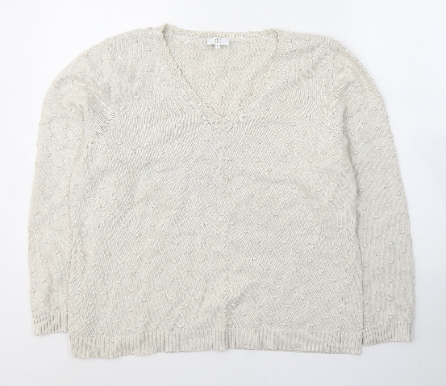 CC Womens Beige V-Neck  Cotton Pullover Jumper Size 2XL