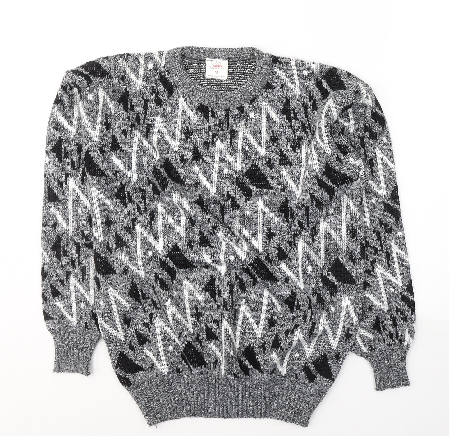 Magnum Womens Grey Round Neck Geometric Acrylic Pullover Jumper Size M
