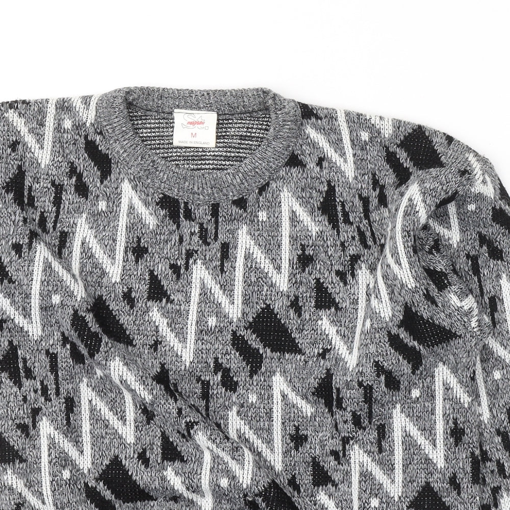 Magnum Womens Grey Round Neck Geometric Acrylic Pullover Jumper Size M