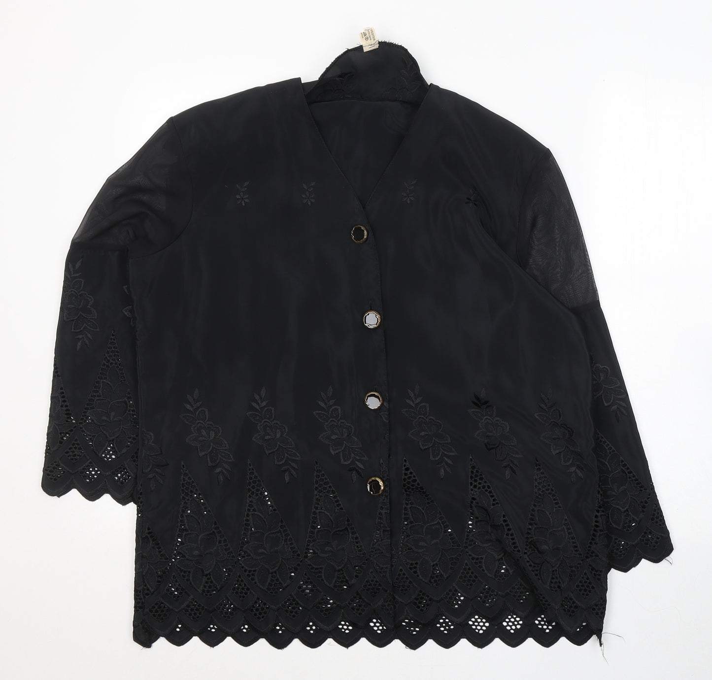 Preworn Womens Black Floral Polyester Basic Button-Up One Size Collared