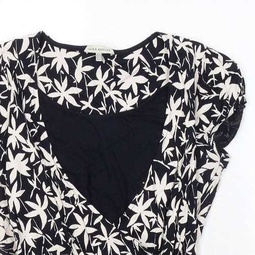 Laura Ashley Womens Blue Floral Cotton Basic T-Shirt Size 16 Scoop Neck