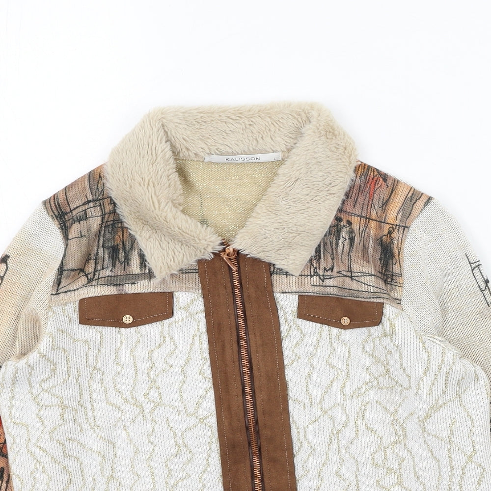 kalison Womens Multicoloured Round Neck  Acrylic Full Zip Jumper Size L