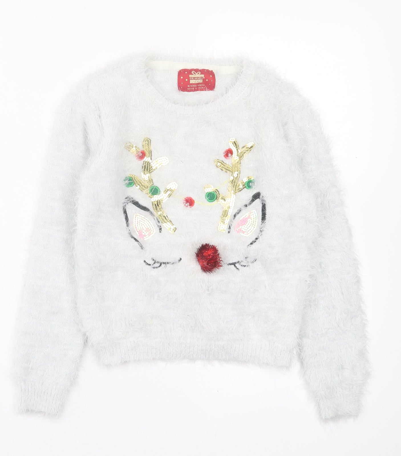 Primark Girls Grey Crew Neck  Polyester Pullover Jumper Size 10-11 Years  Pullover - Christmas Print
