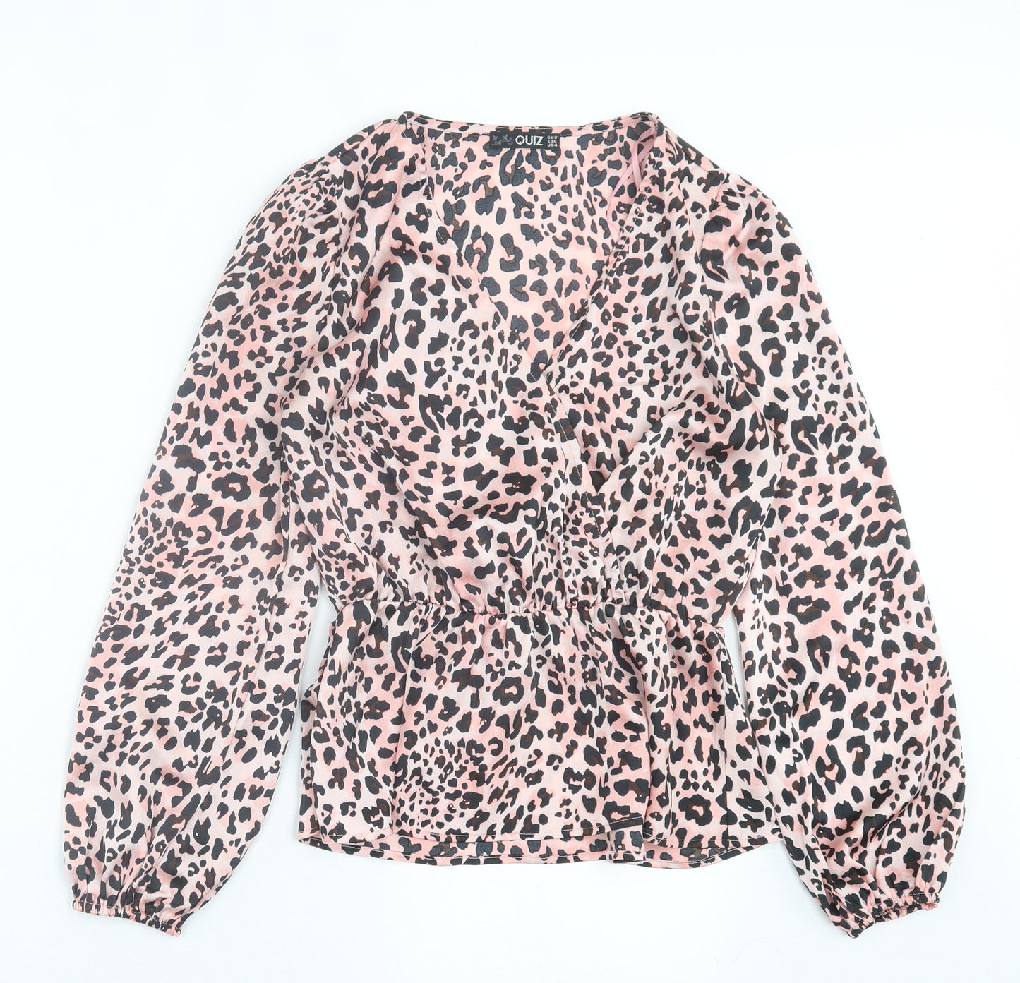 Quiz Womens Pink Animal Print Polyester Basic Blouse Size 8 V-Neck