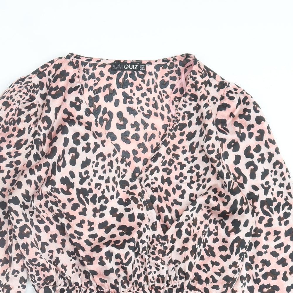 Quiz Womens Pink Animal Print Polyester Basic Blouse Size 8 V-Neck