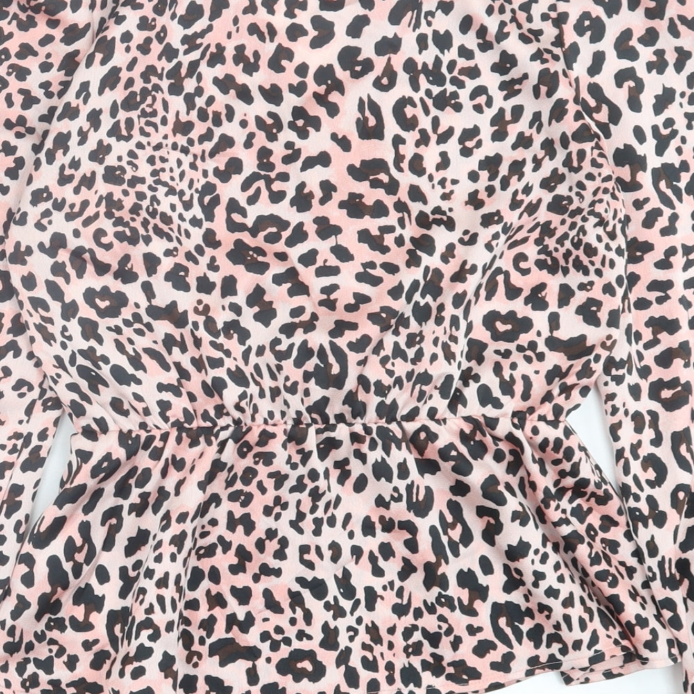 Quiz Womens Pink Animal Print Polyester Basic Blouse Size 8 V-Neck