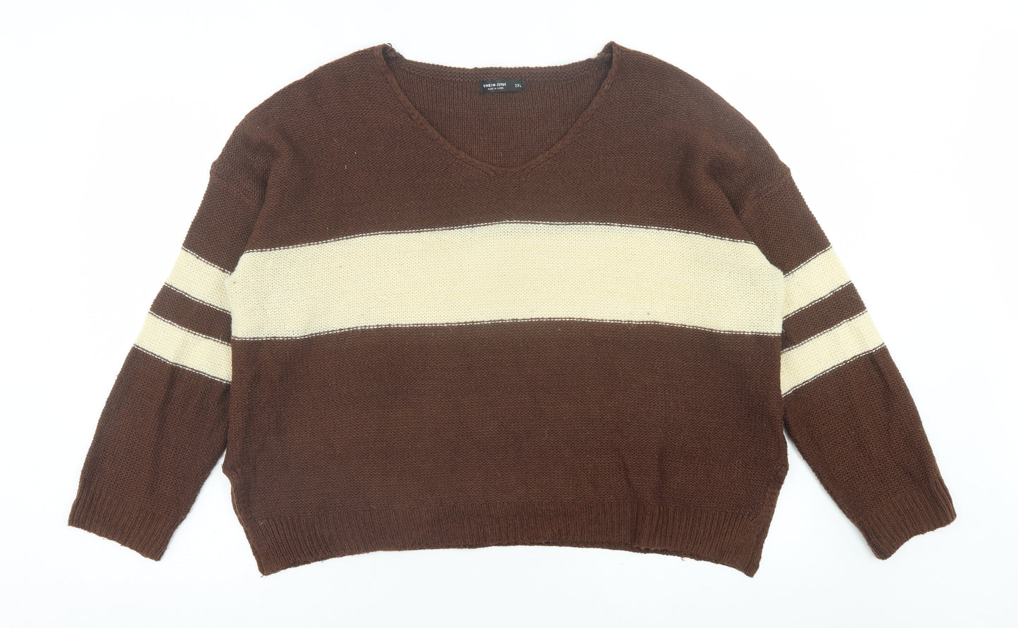 SheIn Womens Brown V-Neck Striped Acrylic Pullover Jumper Size 2XL