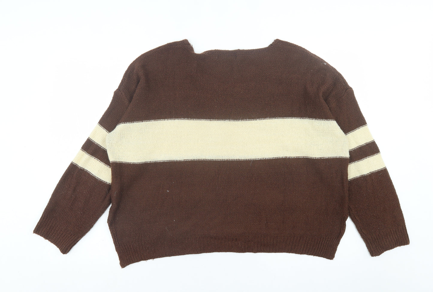 SheIn Womens Brown V-Neck Striped Acrylic Pullover Jumper Size 2XL