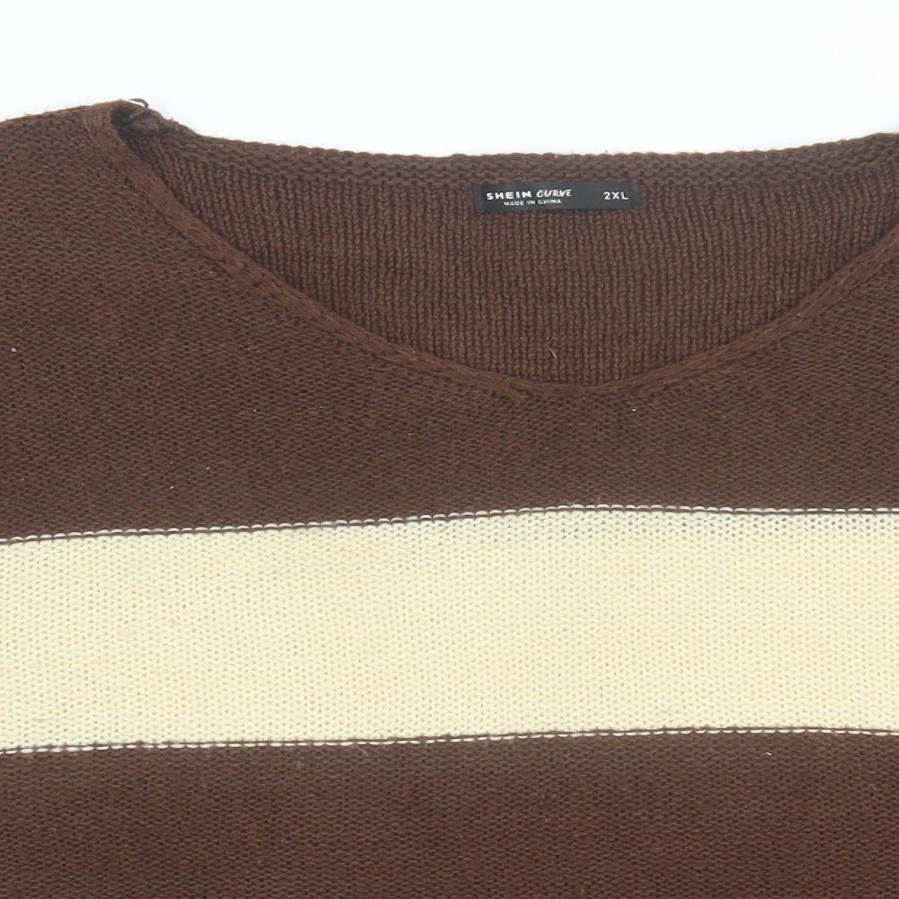 SheIn Womens Brown V-Neck Striped Acrylic Pullover Jumper Size 2XL