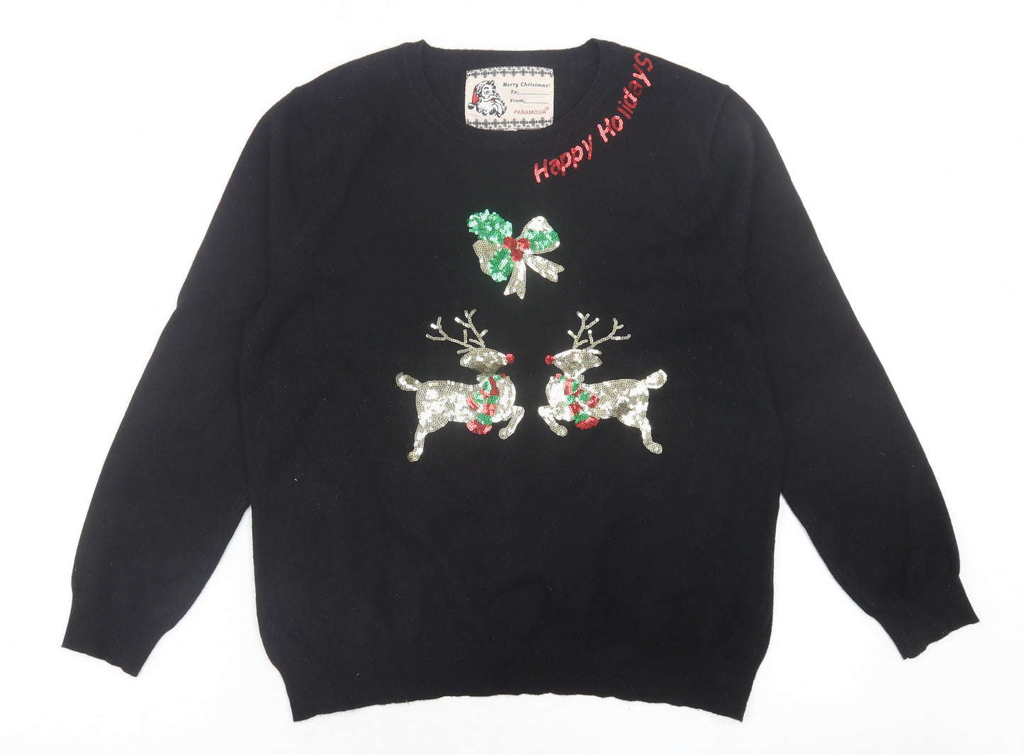 Paramour Womens Black Crew Neck  Viscose Pullover Jumper Size L   - Christmas Print