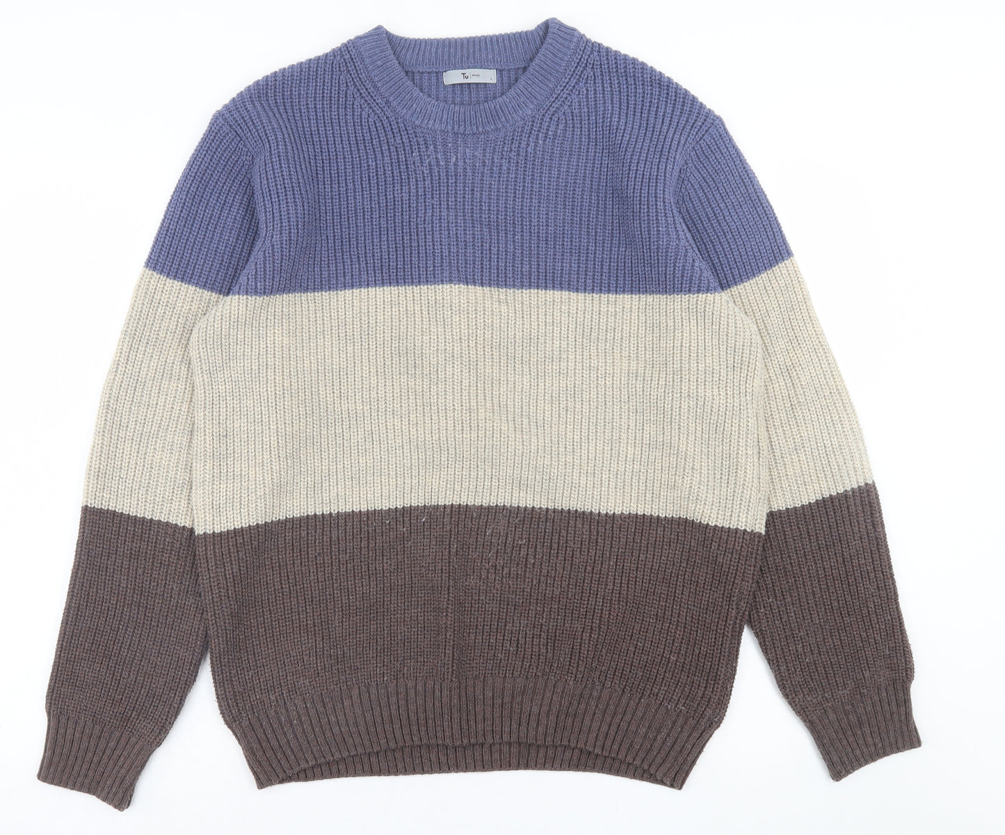 TU Mens Brown Crew Neck Striped Acrylic Pullover Jumper Size L