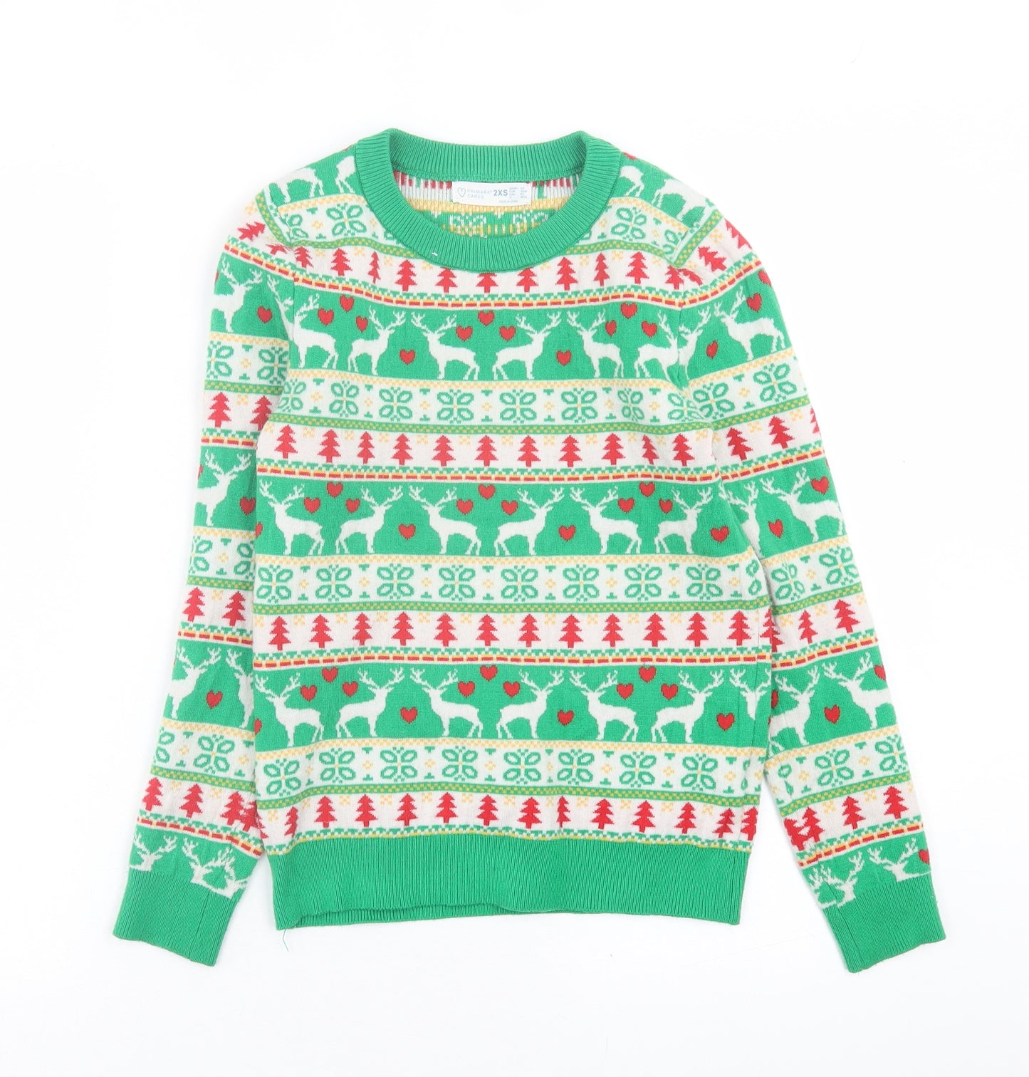 Primark Womens Green Crew Neck Geometric Polyester Pullover Jumper Size 2XS   - Christmas Print