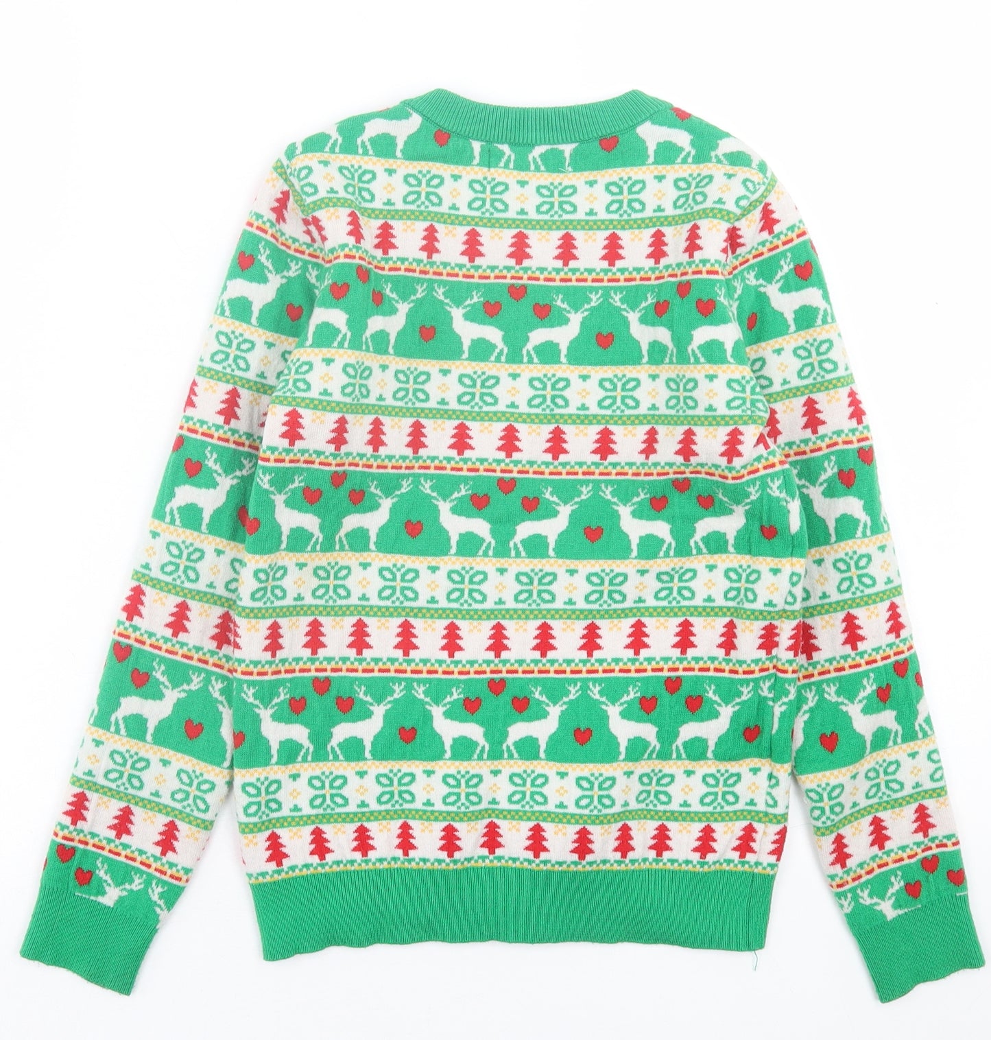 Primark Womens Green Crew Neck Geometric Polyester Pullover Jumper Size 2XS   - Christmas Print