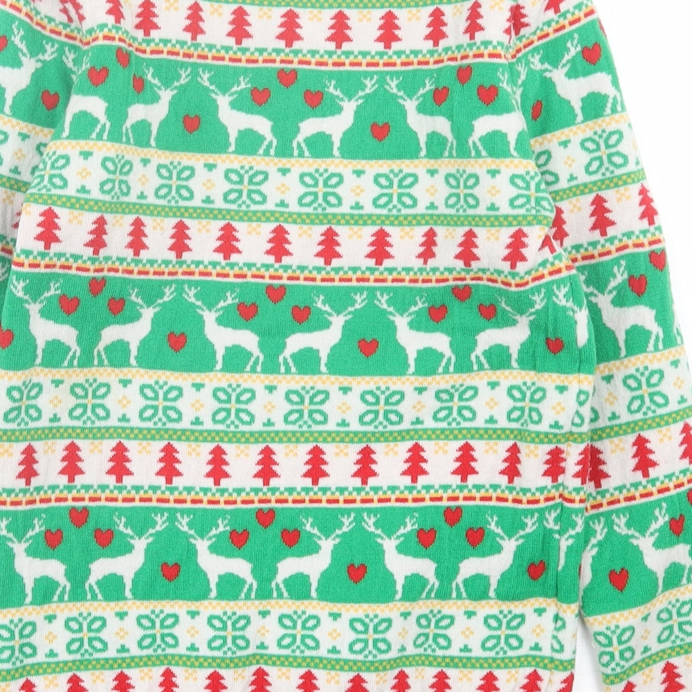 Primark Womens Green Crew Neck Geometric Polyester Pullover Jumper Size 2XS   - Christmas Print