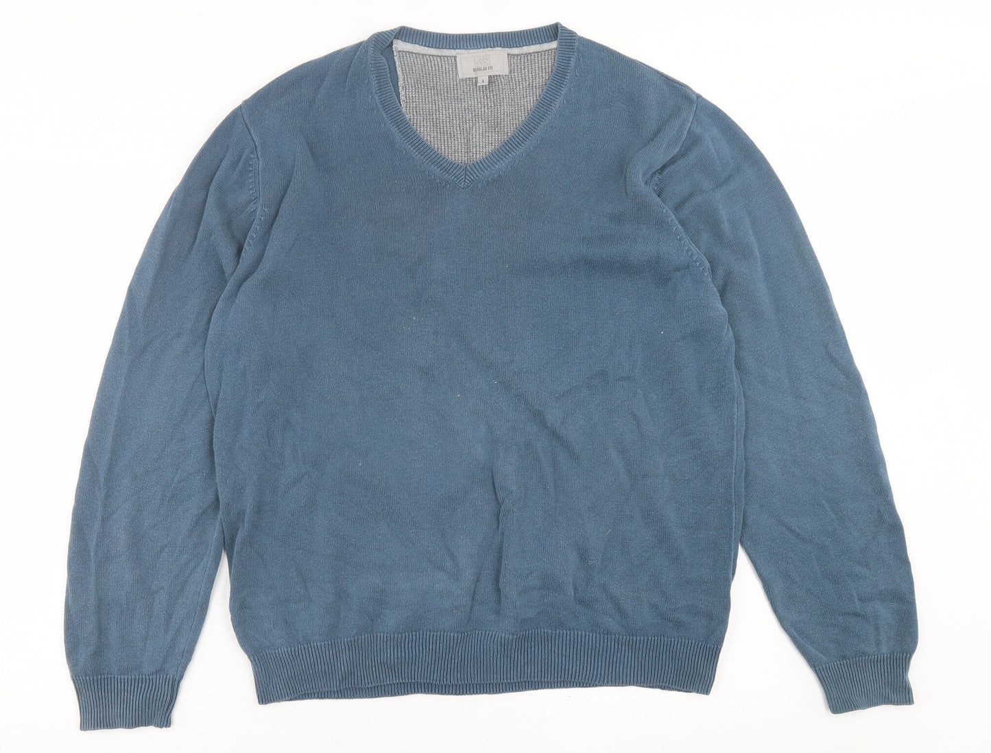 Marks and Spencer Mens Blue V-Neck  Cotton Pullover Jumper Size L