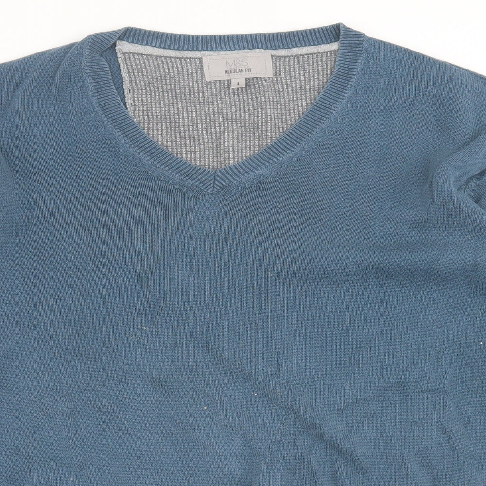 Marks and Spencer Mens Blue V-Neck  Cotton Pullover Jumper Size L