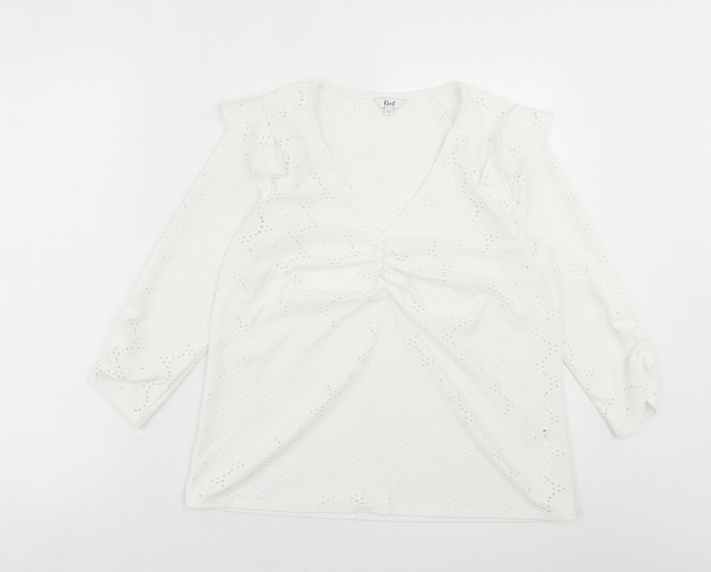 khost Womens White Floral Polyester Basic T-Shirt Size 12 V-Neck