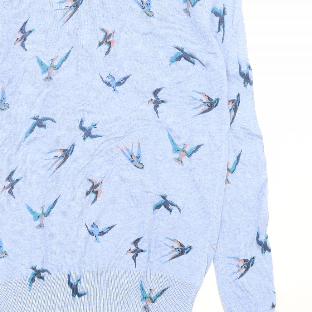 Oasis Womens Blue Crew Neck Geometric Cotton Pullover Jumper Size XS