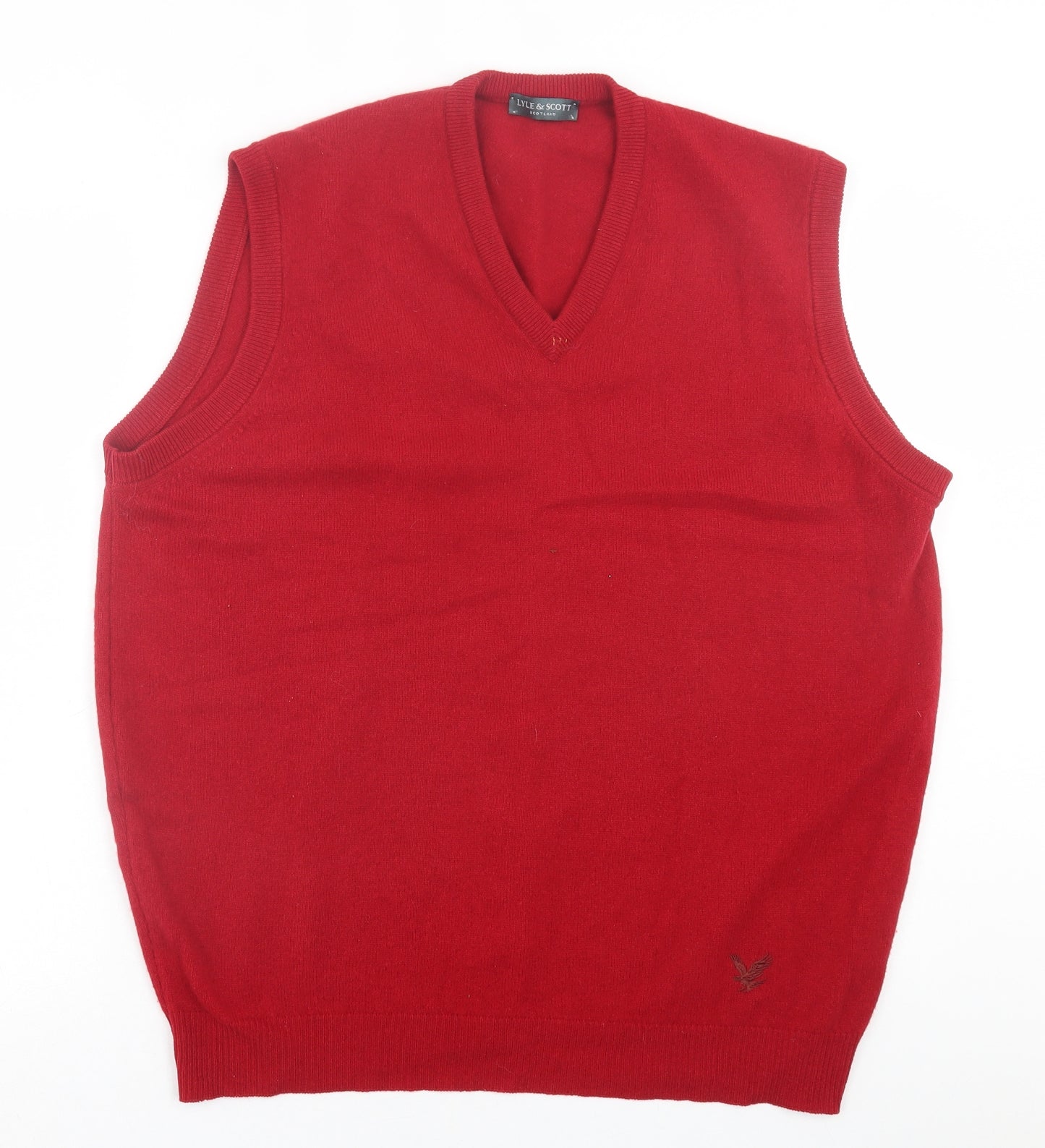 Lyle & Scott Mens Red V-Neck  Wool Vest Jumper Size L