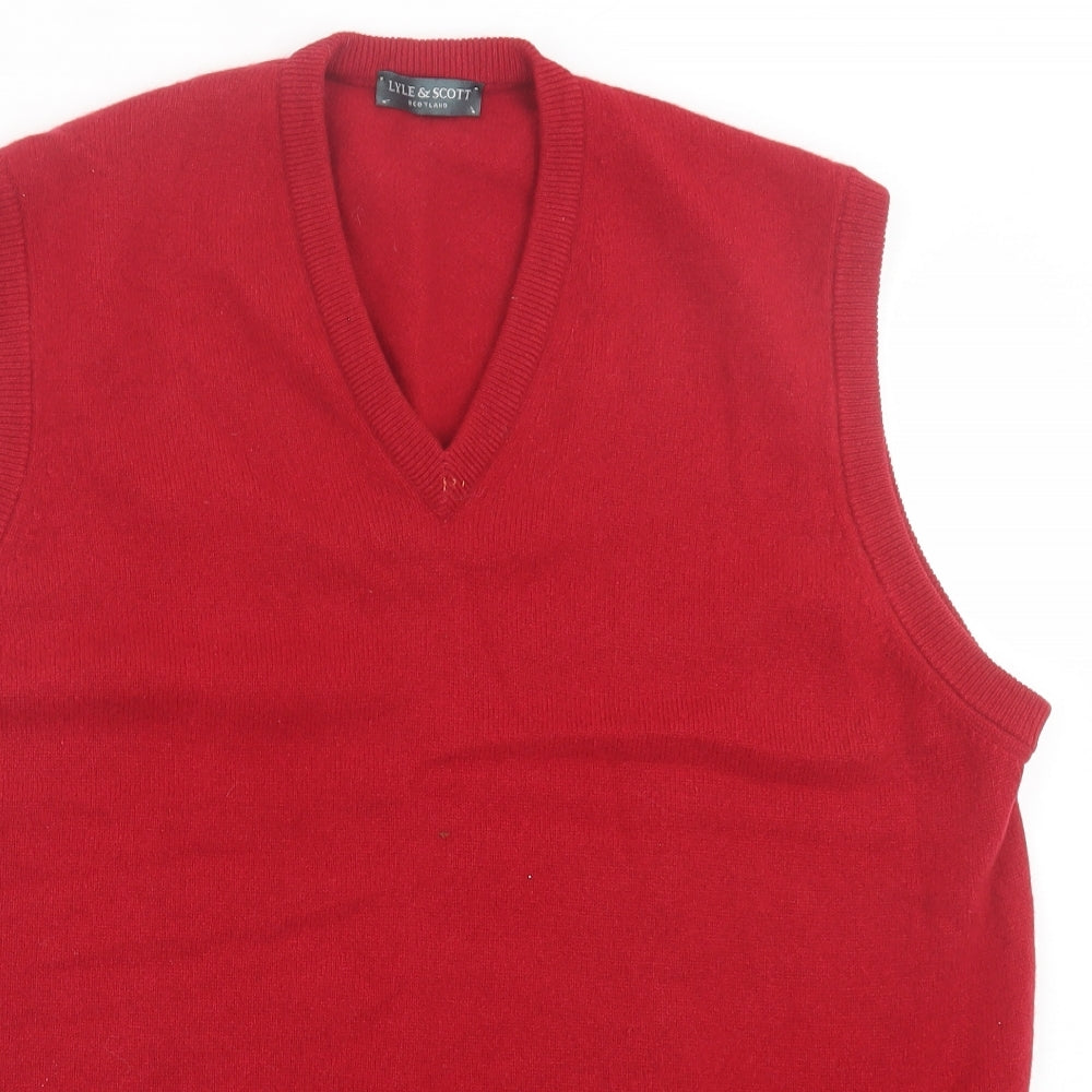 Lyle & Scott Mens Red V-Neck  Wool Vest Jumper Size L