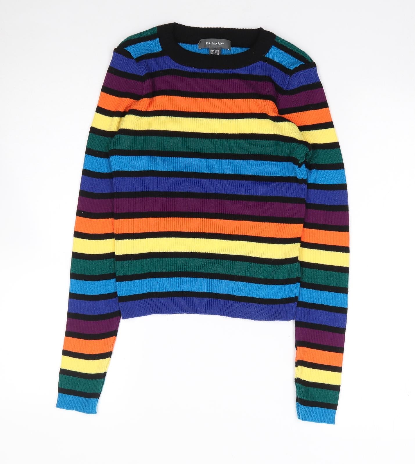 Primark Womens Multicoloured Crew Neck Striped Cotton Pullover Jumper Size S   - Rainbow