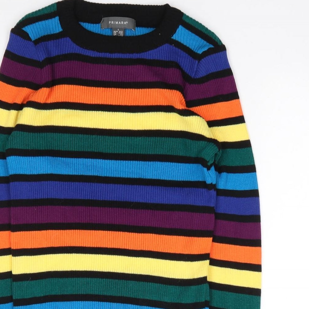 Primark Womens Multicoloured Crew Neck Striped Cotton Pullover Jumper Size S   - Rainbow