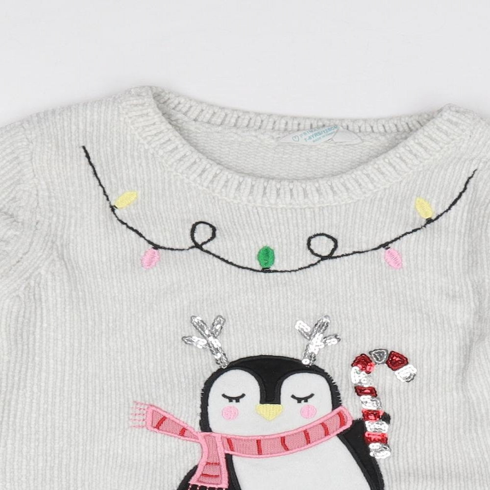Primark Girls Grey Crew Neck  Acrylic Pullover Jumper Size 7-8 Years  Pullover - Christmas