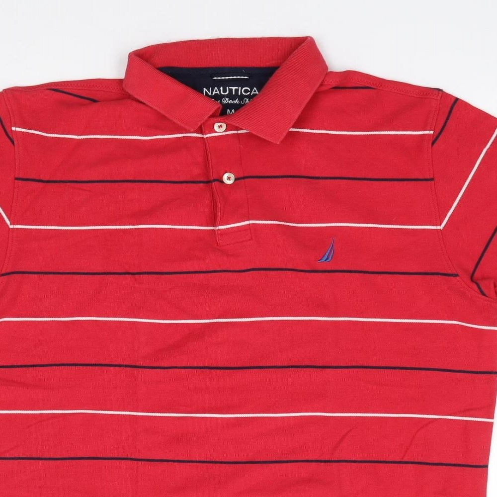 Nautica Mens Red Striped Cotton  Polo Size M Collared Pullover