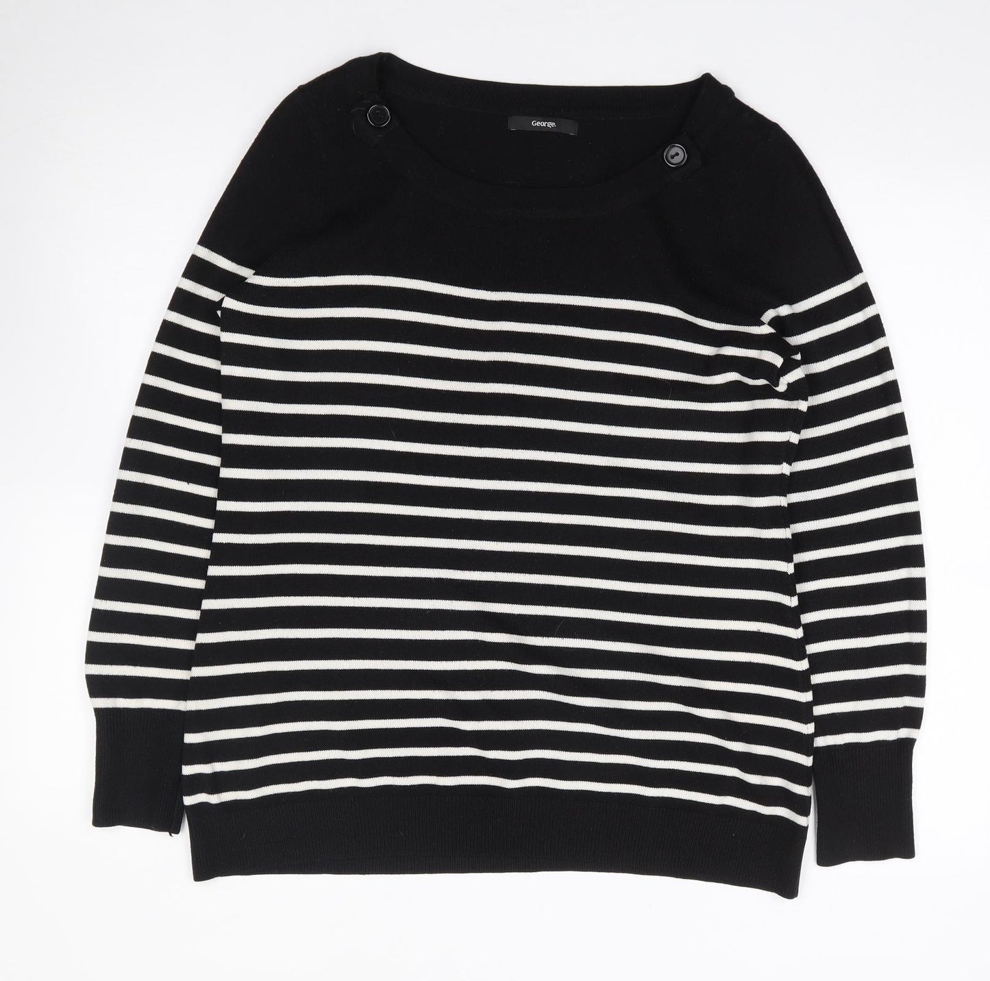 George Womens Black Round Neck Striped Acrylic Pullover Jumper Size 16