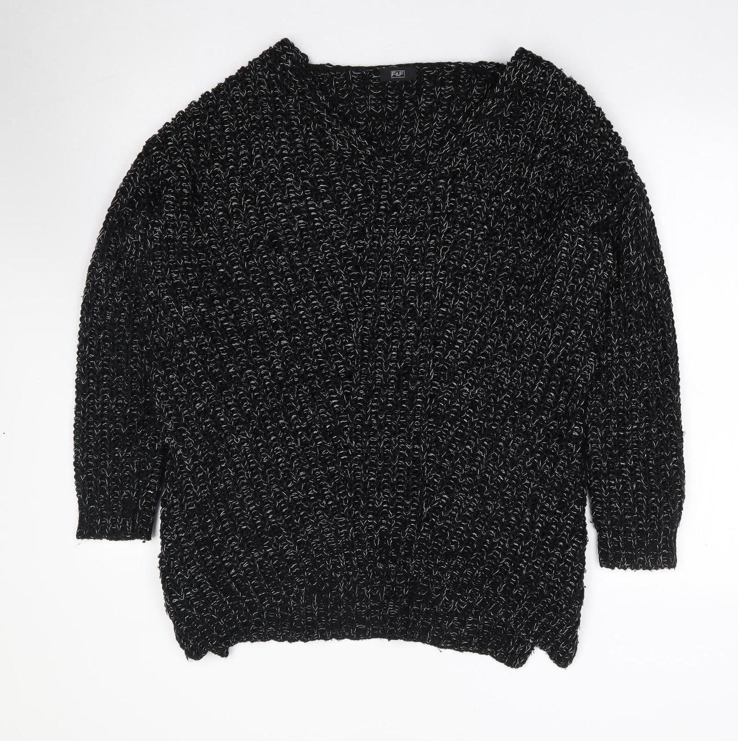 F&F Womens Black V-Neck  Acrylic Pullover Jumper Size 12