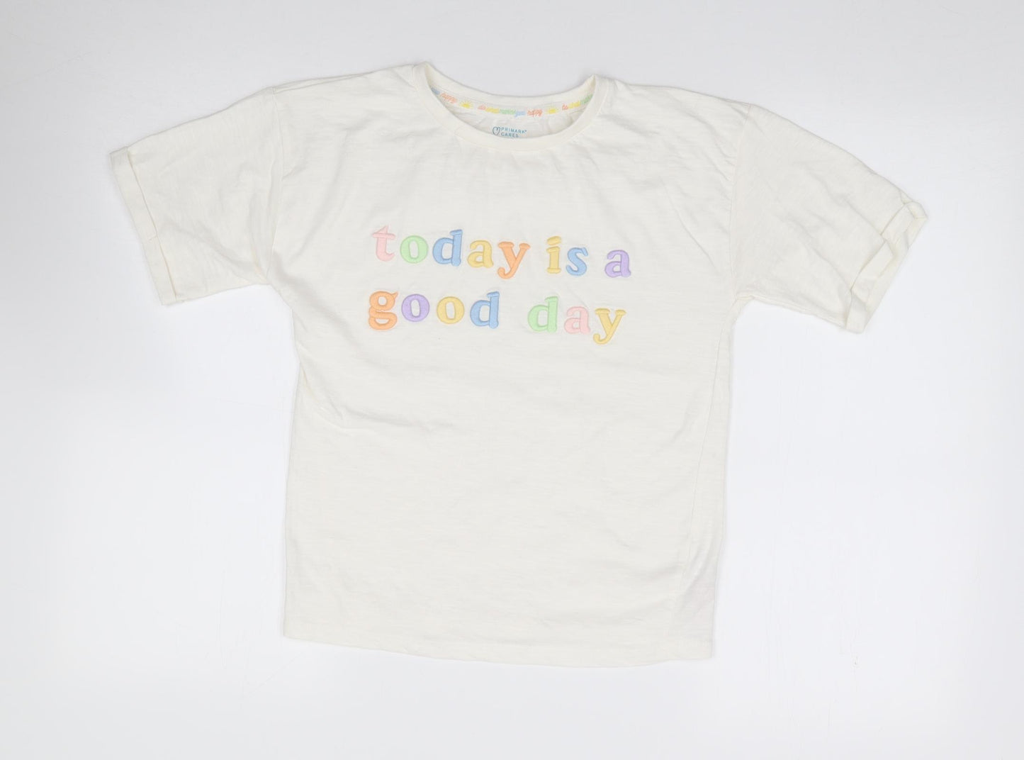 Primark Girls Ivory  Cotton Jersey T-Shirt Size 8-9 Years Crew Neck Pullover