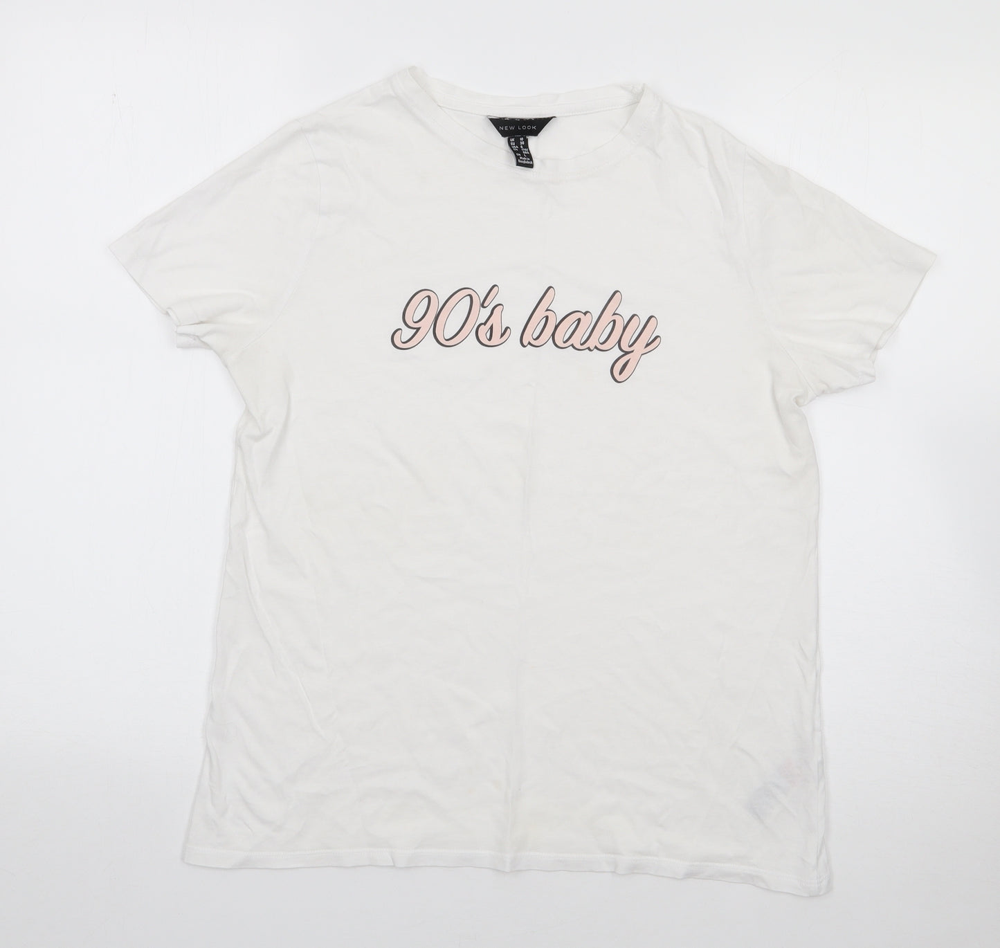 New Look  Womens Ivory  100% Cotton Jersey T-Shirt Size 10 Crew Neck - 90s