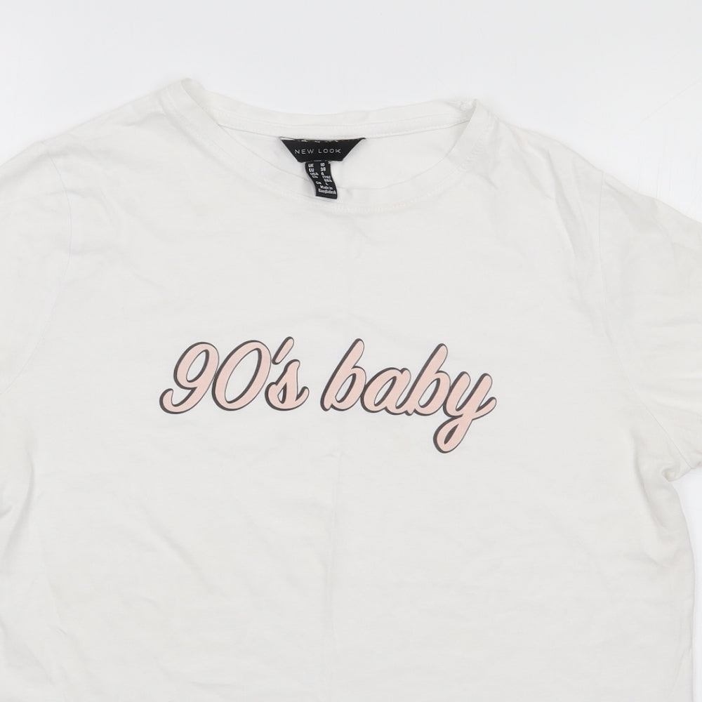 New Look  Womens Ivory  100% Cotton Jersey T-Shirt Size 10 Crew Neck - 90s