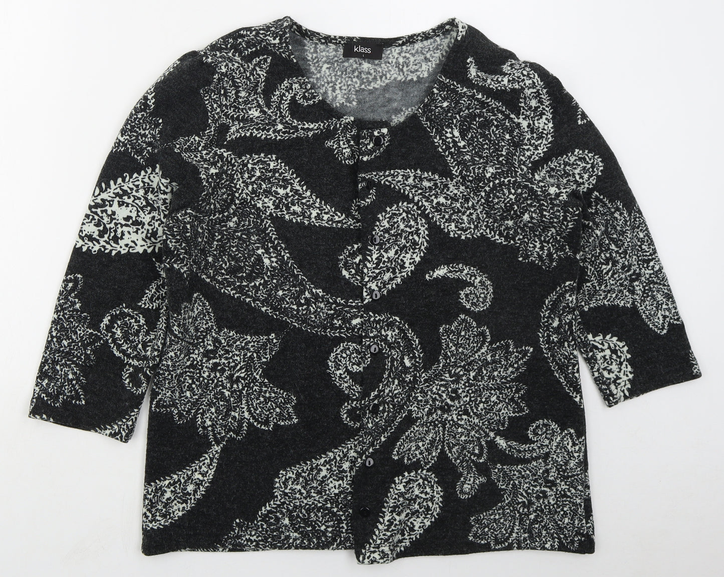 Flass Womens Grey Round Neck Paisley Acrylic Cardigan Jumper Size L