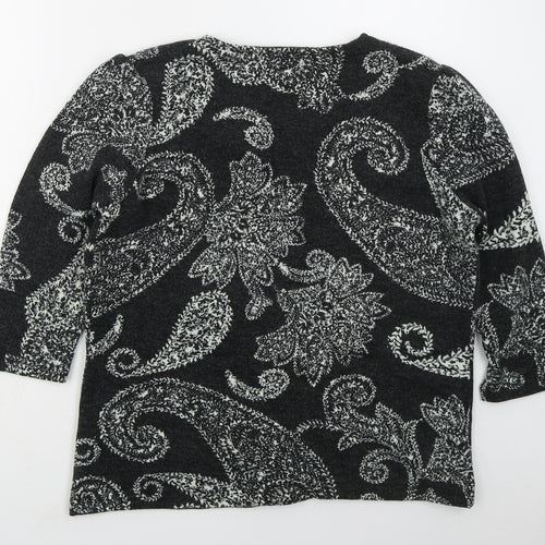Flass Womens Grey Round Neck Paisley Acrylic Cardigan Jumper Size L