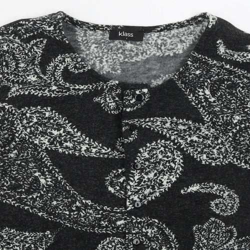 Flass Womens Grey Round Neck Paisley Acrylic Cardigan Jumper Size L