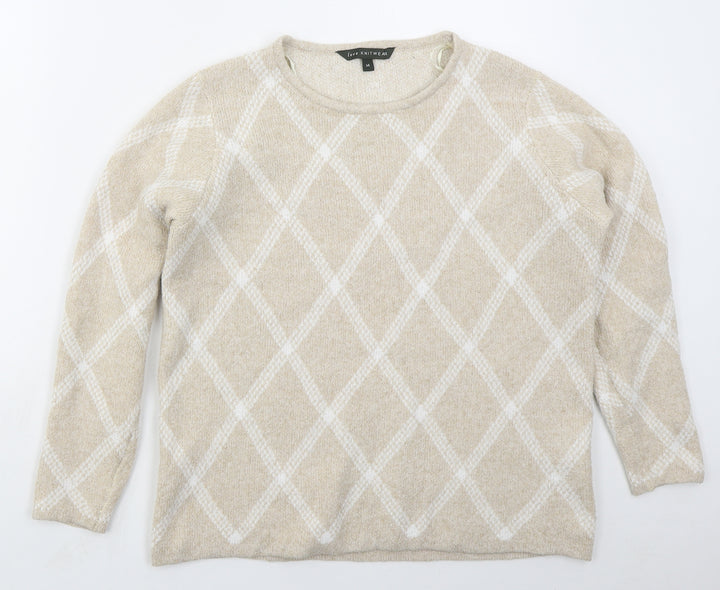 Bonmarché Womens Beige Crew Neck Argyle/Diamond Polyester Pullover Jumper Size 14