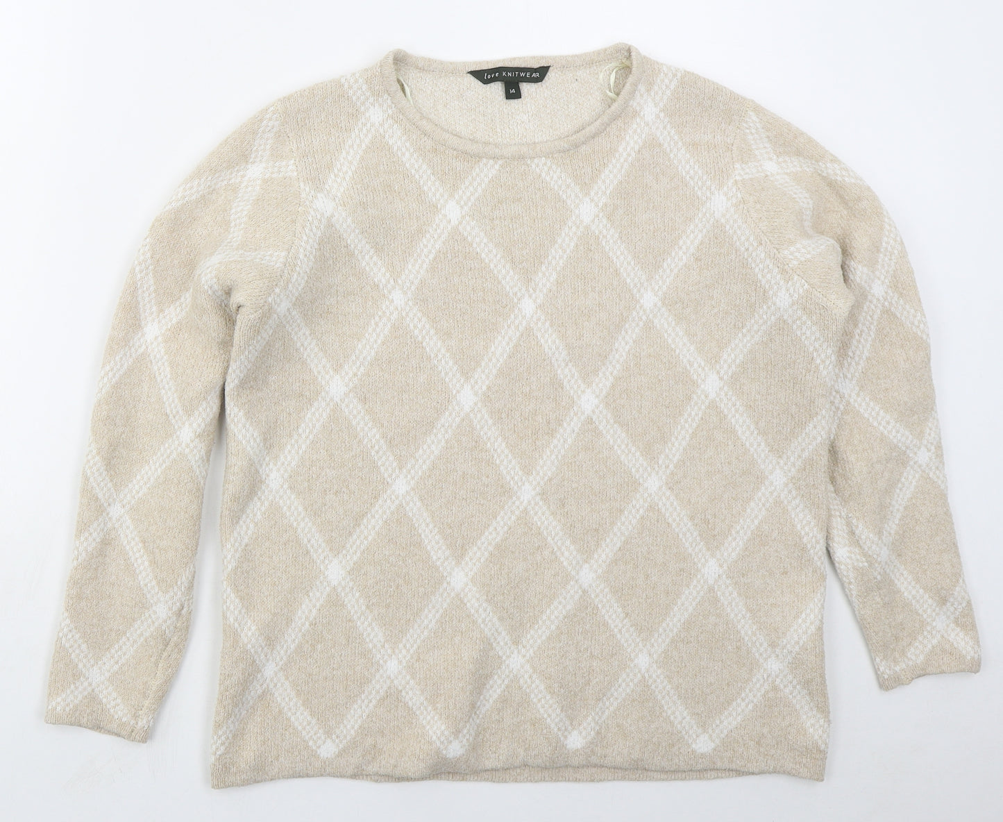 Bonmarché Womens Beige Crew Neck Argyle/Diamond Polyester Pullover Jumper Size 14