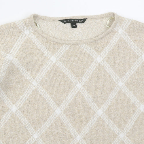 Bonmarché Womens Beige Crew Neck Argyle/Diamond Polyester Pullover Jumper Size 14