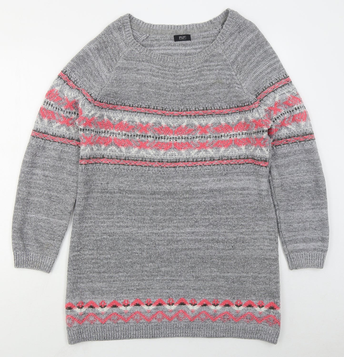 F&F Womens Grey Round Neck Fair Isle Acrylic Pullover Jumper Size 18