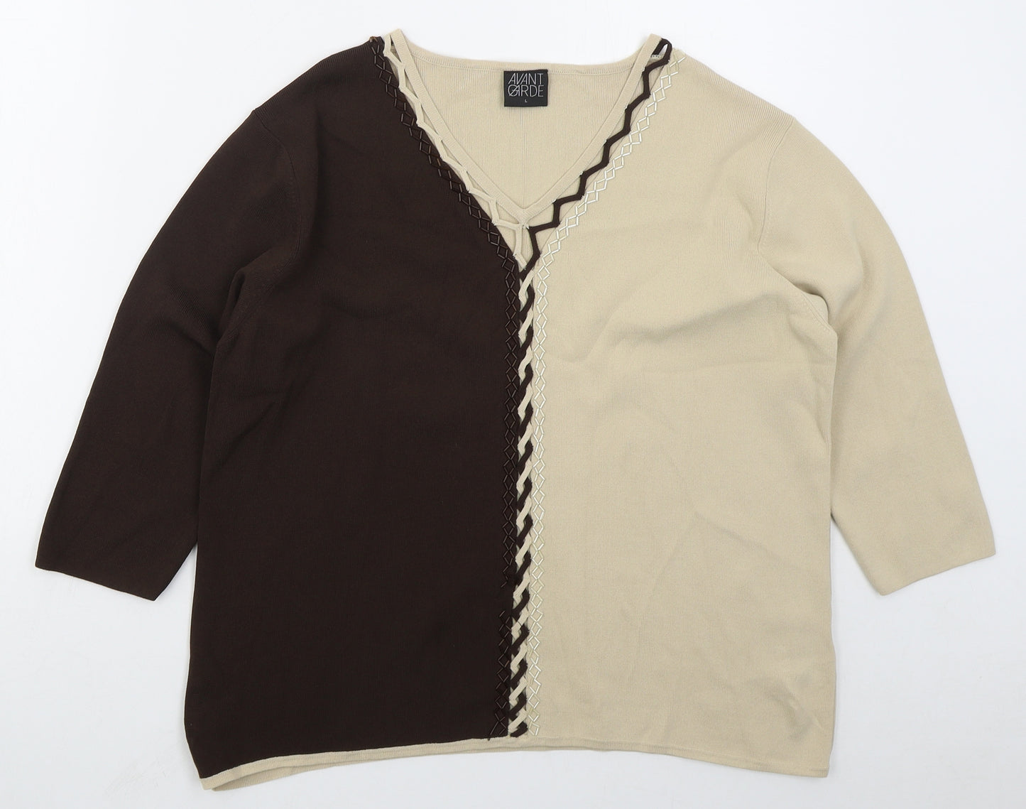 Avant Garde Womens Beige V-Neck  Viscose Pullover Jumper Size L