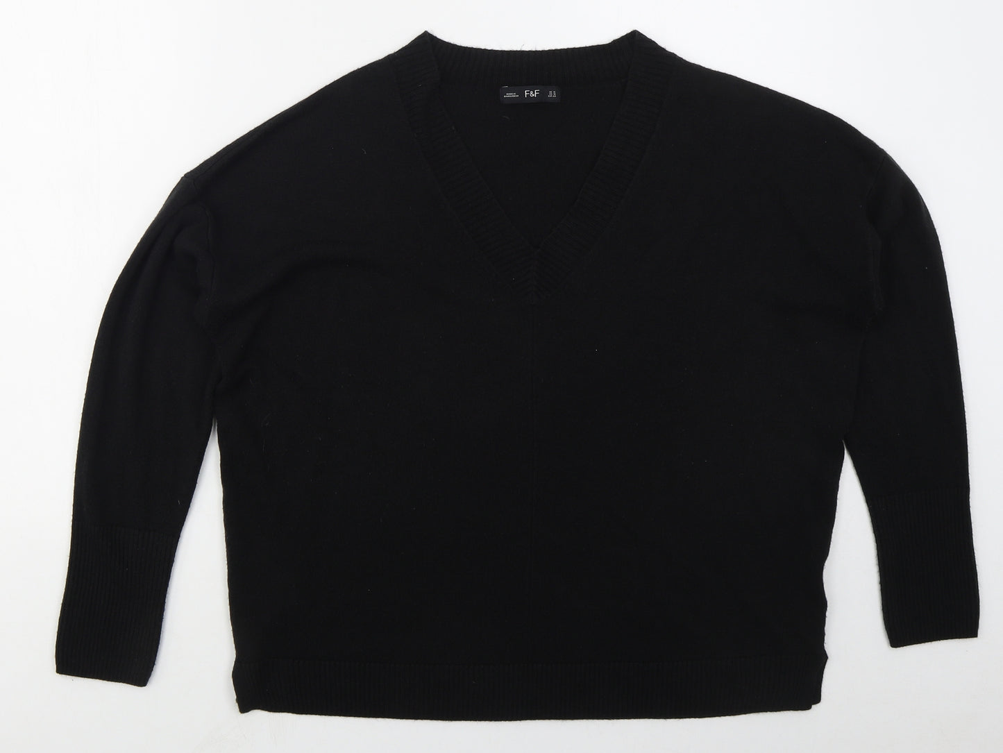 F&F Womens Black V-Neck  Acrylic Pullover Jumper Size 16