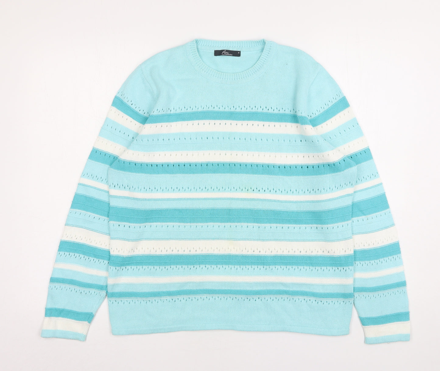 Bonmarché Womens Blue Round Neck Striped Cotton Pullover Jumper Size M