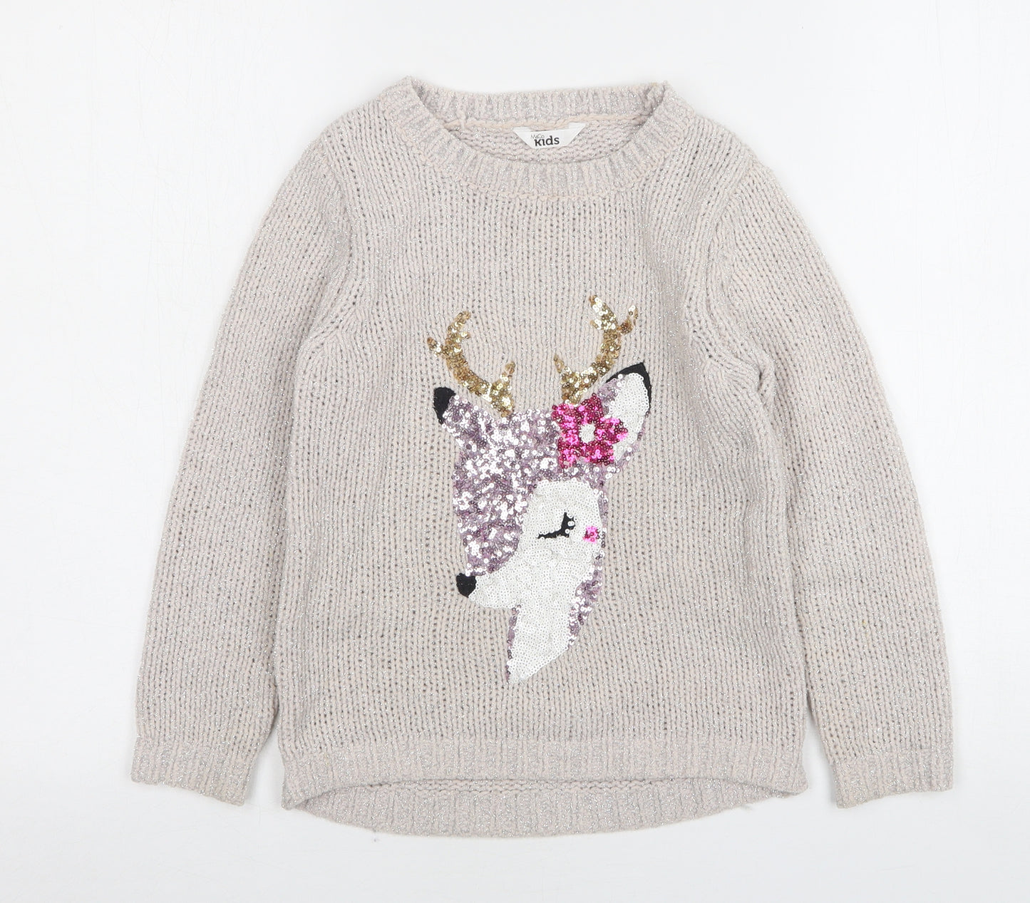 M&Co Girls Beige Round Neck  Nylon Pullover Jumper Size 7-8 Years   - Unicorn