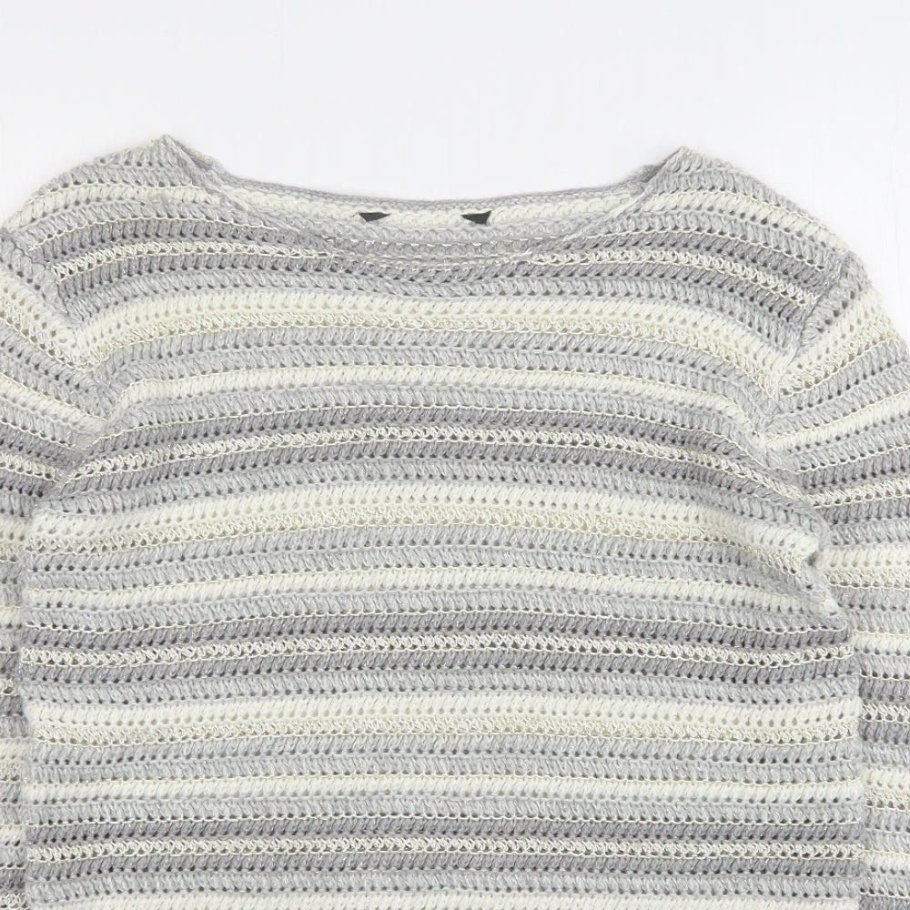 Preworn Womens Grey Round Neck Striped Acrylic Pullover Jumper Size 12