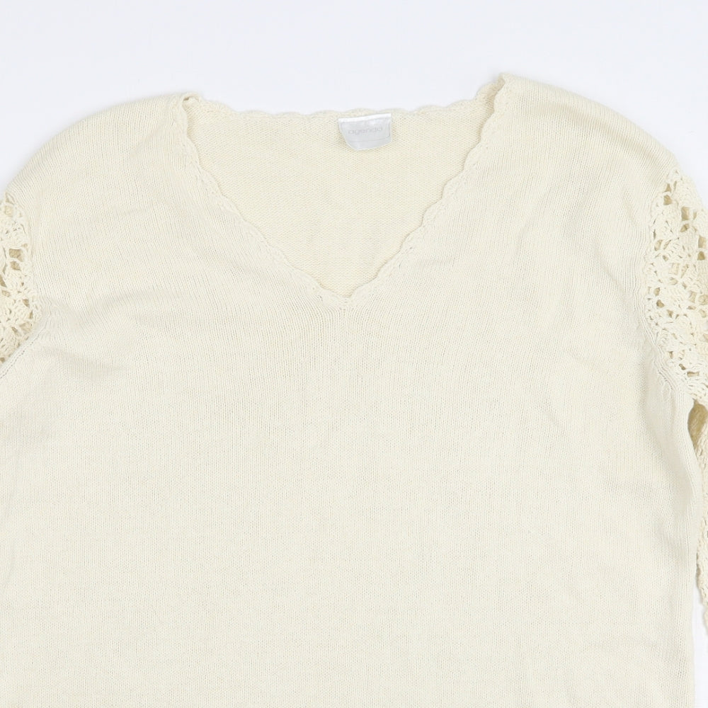 Agenda Womens Beige Round Neck  Ramie Pullover Jumper Size 16