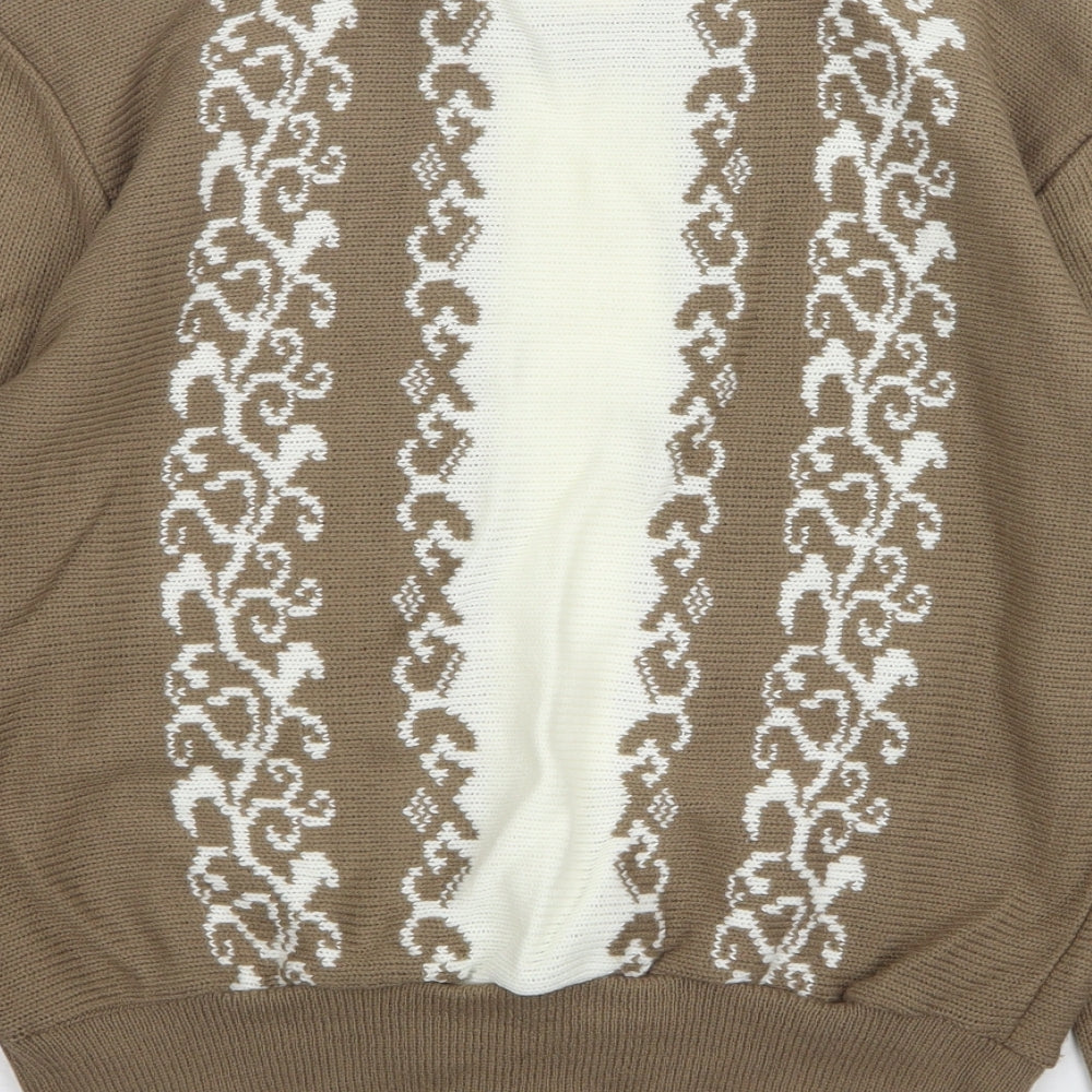 Compliments Womens Brown Round Neck Fair Isle Acrylic Pullover Jumper Size 12