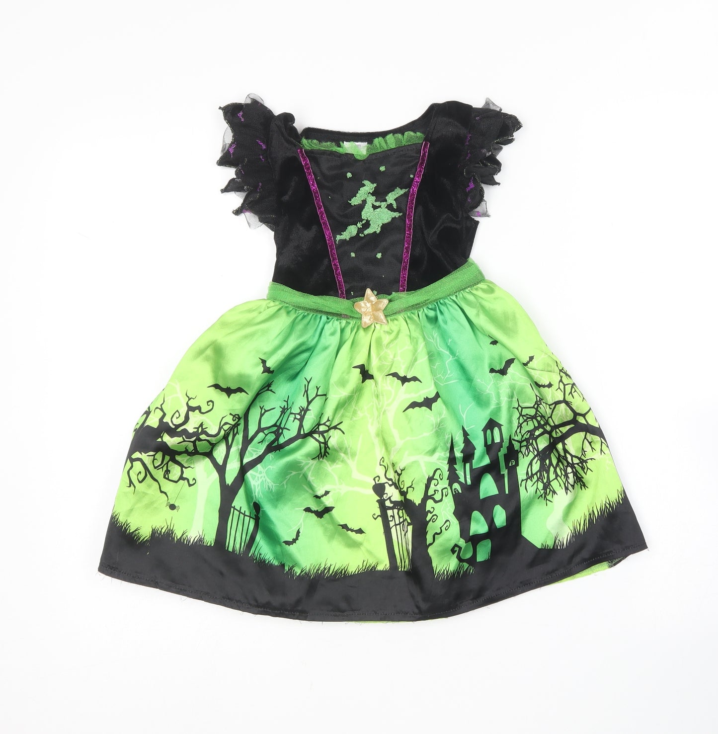 F&F Girls Green  Polyester Skater Dress  Size 2-3 Years  Round Neck  - Witch costume